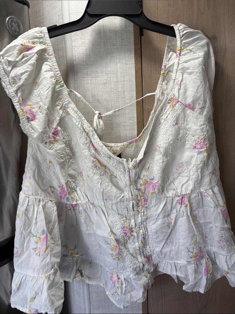 Universal Thread White Floral Ruffle Peplum Blouse with Pink and Yellow Accents